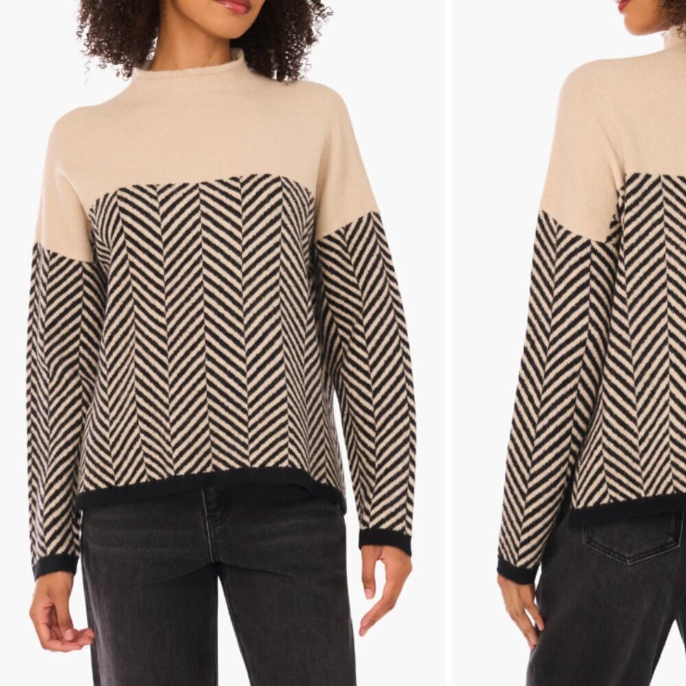 Women's M Herringbone Mock Neck Sweater Cotton Blend Black & Tan Colorblock